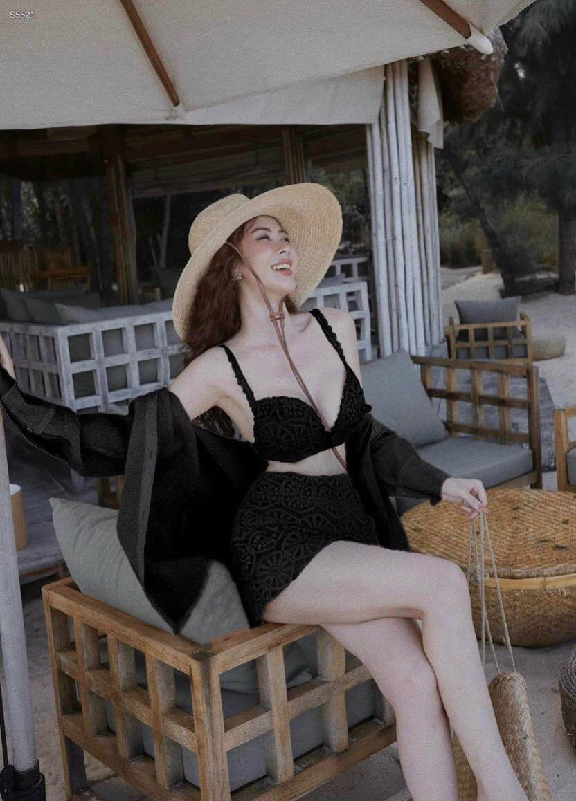 SET ÁO BIKINI BRA DÂY CROPTOP REN ĐI BIỂN + ÁO SƠ MI VOAN XUYÊN THẤU + CHÂN VÁY NGẮN CHỮ A ĐI TIỆC DẠO PHỐ ĐI CHƠI