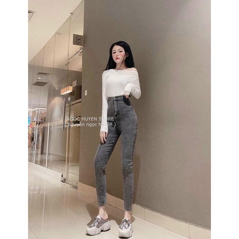 Quần jeans ôm body lưng siêu cao nút kiểu, quần jean nữ, quần bò nữ lưng cao trơn -