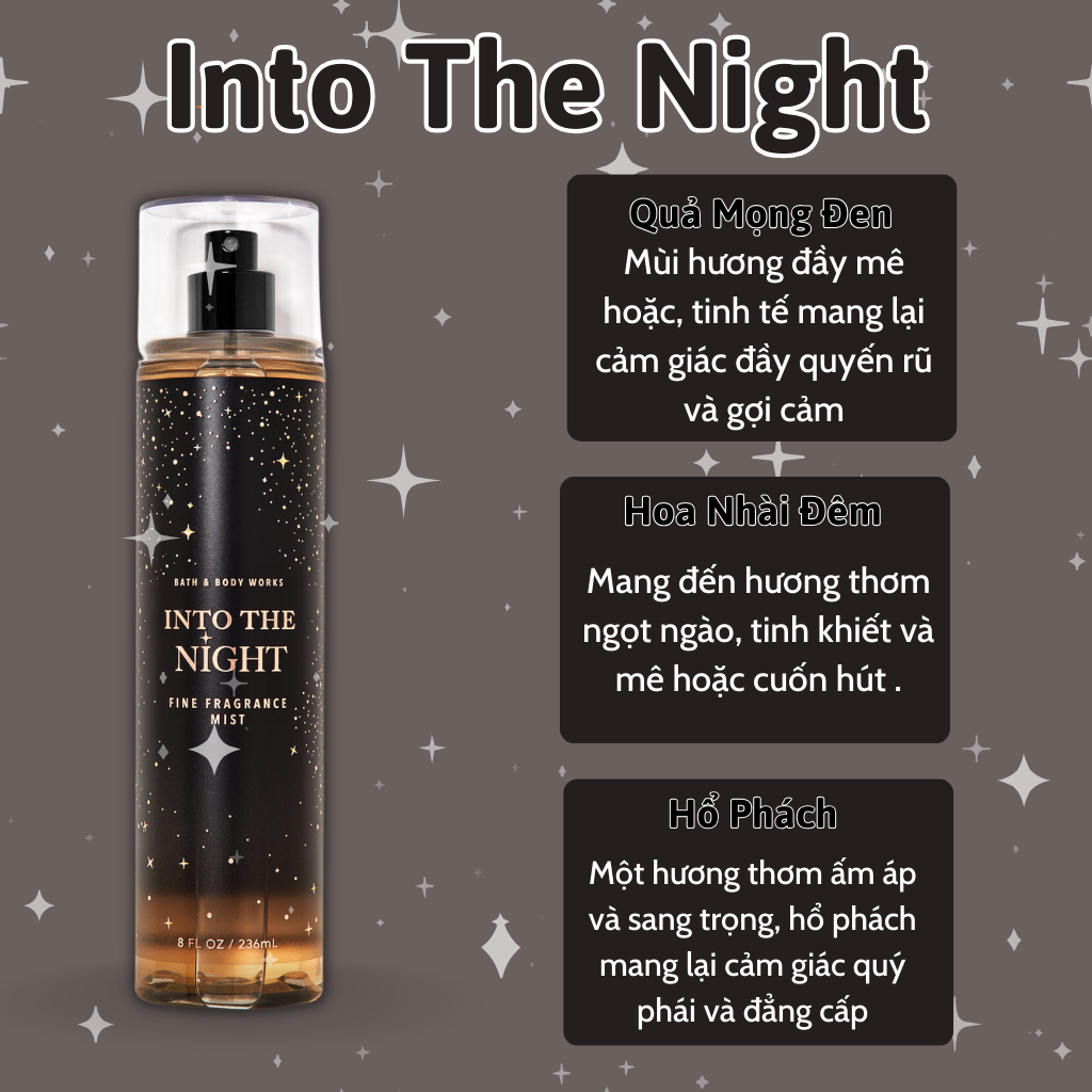 Body Mist Bath And Body Works Nam Nữ Chính Hãng Into The Night, Xịt Thơm Body Toàn Thân Hương Nước Hoa 236ml