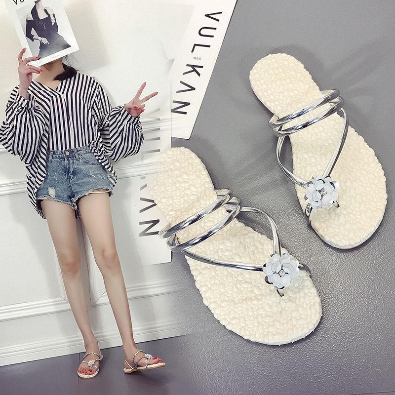 Internet celebrity ins sandals summer anti-skid massage clip women's flip-flops wearing student Korean flat sandals