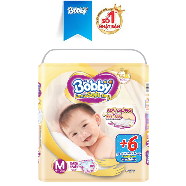 Tã dán cao cấp Bobby Extra Soft Dry M64 + 6 miếng tả dán cùng loại