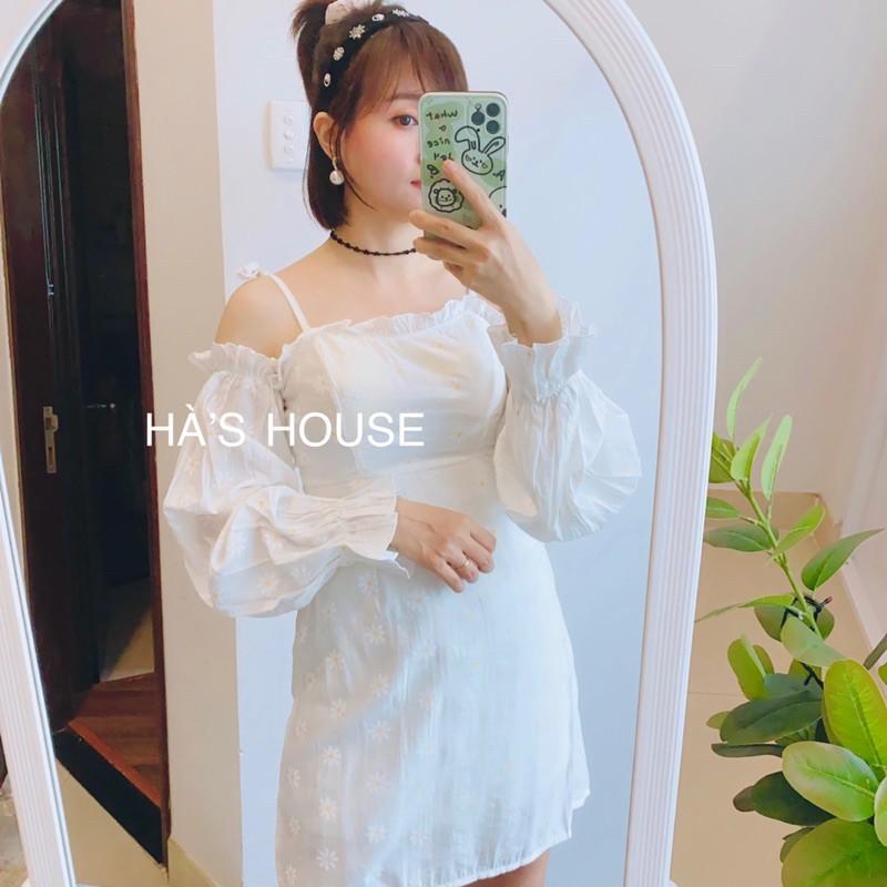 Đầm hai dây trễ vai màu trắng siêu cưng