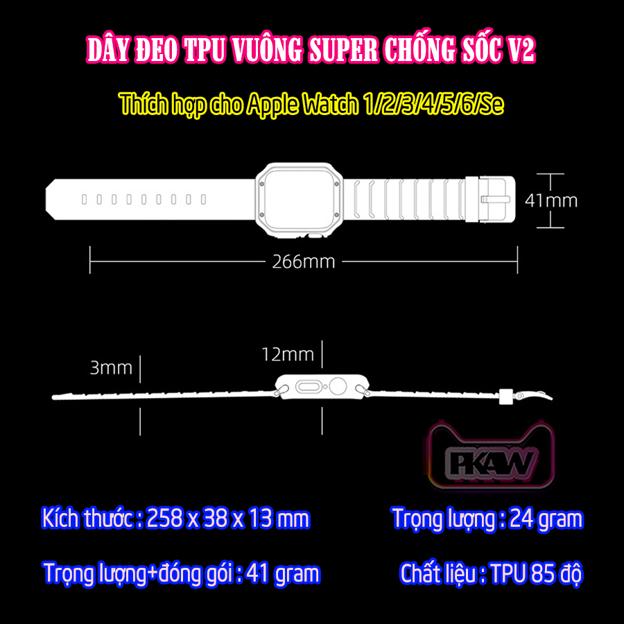 Dây Đeo khung ốp rời dành cho Apple Watch 7/6/5/4/3/2/1 size 38/40/41/42/44/45mm TPU vuông SUPER chống sốc V2 - nhiều màu