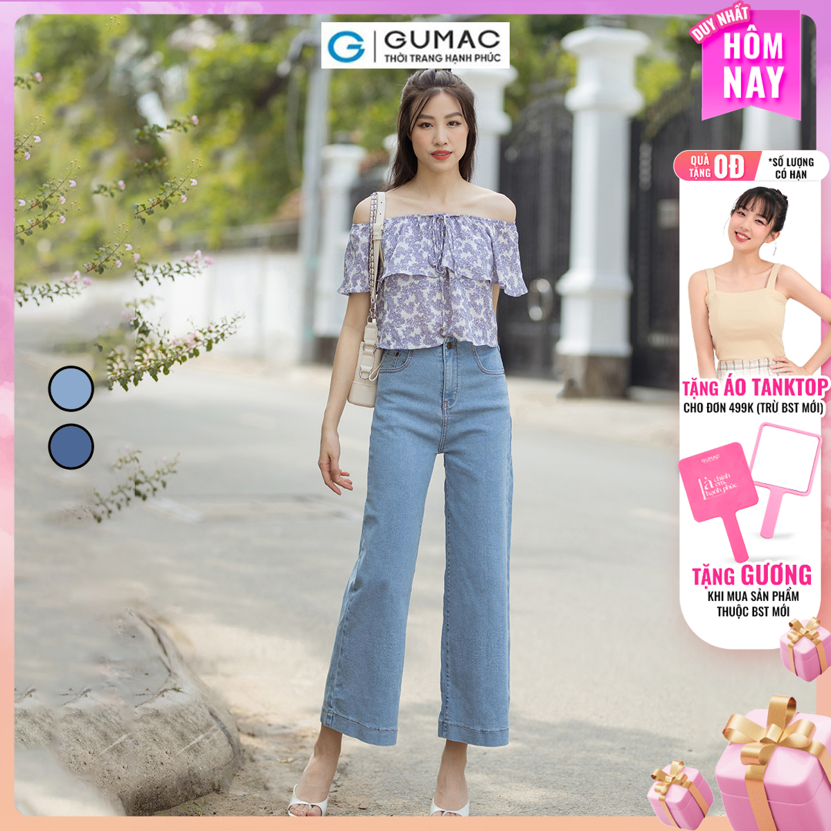 Quần Jeans ống rộng dáng lửng tôn dáng trẻ trung thời trang GUMAC QJD07054