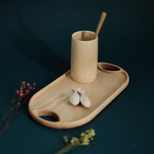 Khay gỗ hình oval tay nắm - khay decor