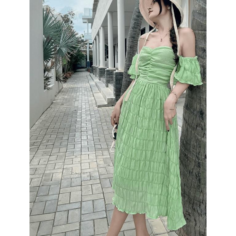 ĐẦM MAXI XỐP NHÚN TRỄ VAI CÓ LÓT CÓ MÚT DÁNG SUÔNG CỰC TÔN DÁNG UP