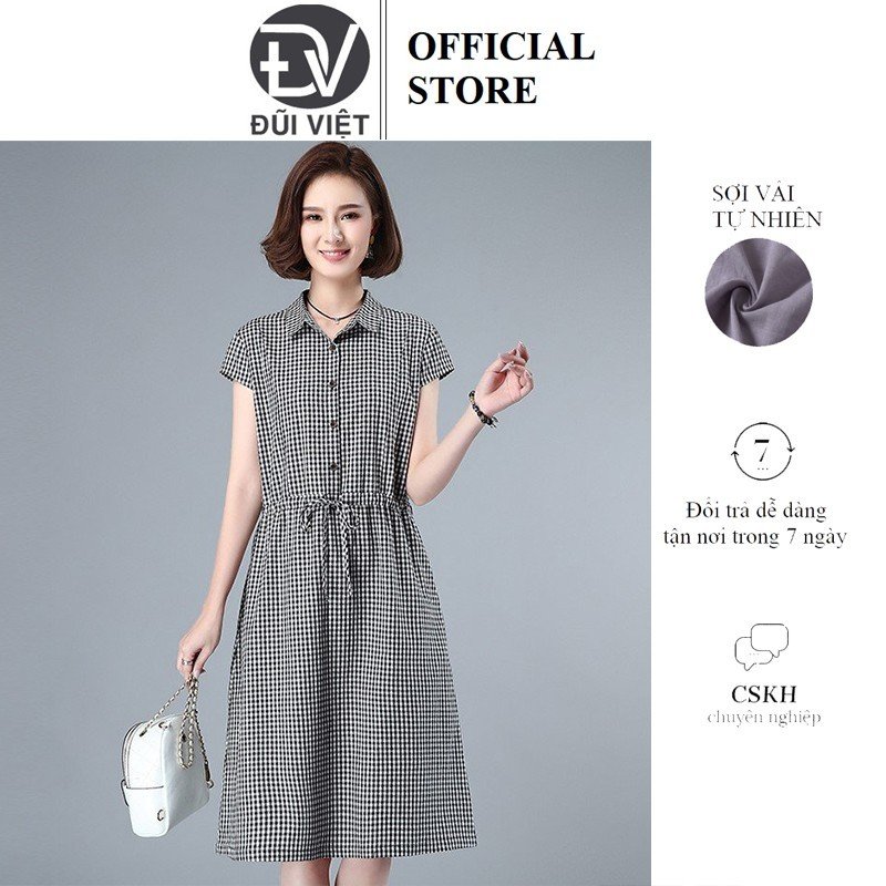 Đầm suông sơ mi form rộng kẻ caro đen ngắn tay rút eo, chất vải thô đũi mềm mát, thời trang thương hiệu chính hãng Đũi Việt DV73