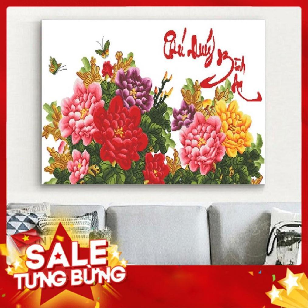 124*62CM TRANH THÊU CHỮ THẬP HOA KHAI PHÚ QUÝ TRANH CHƯA THÊU HOA MẪU ĐƠN LV3272