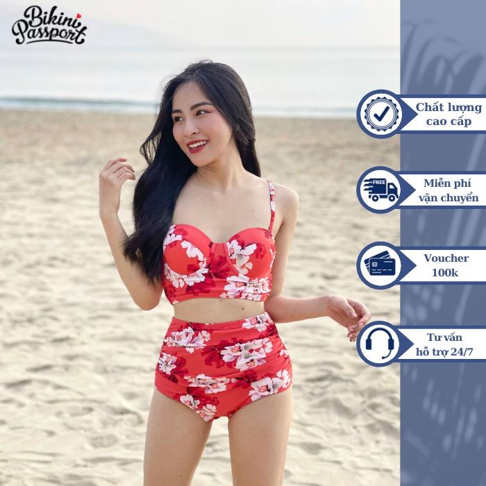 Đồ bơi nữ BIKINI PASSPORT kiểu hai mảnh lưng cao, áo dây cúp ngực - màu đỏ - BS363_RD