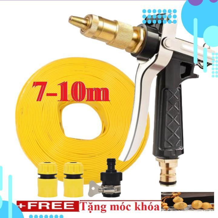 Bộ dây vòi xịt nước rửa xe,tưới cây đa năng, tăng áp 3 lần,loại 7m,10m 206236 đầu đồng, cút,nối nhựa đen+ móc khoá