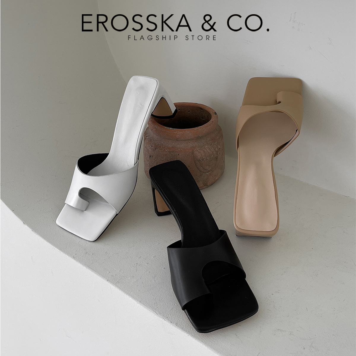 Dép cao gót Erosska thời trang mũi vuông kiểu dáng xỏ ngón đơn giản dễ phối đồ cao 7cm EB027