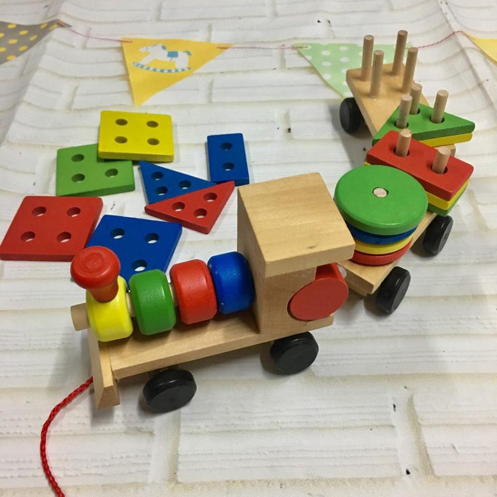 Đồ chơi tàu hỏa chở khối gỗ thả hình trụ an toàn cho bé