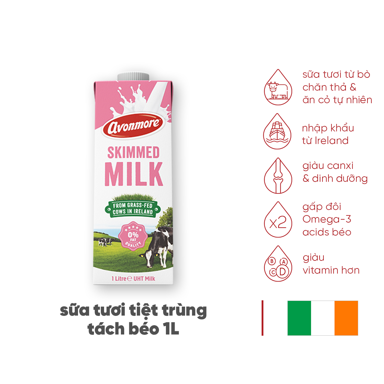 Sữa tươi tách béo tiệt trùng Avonmore UHT Skimmed Milk 1L giảm cân giữ dáng hiệu quả tốt cho sức khỏe