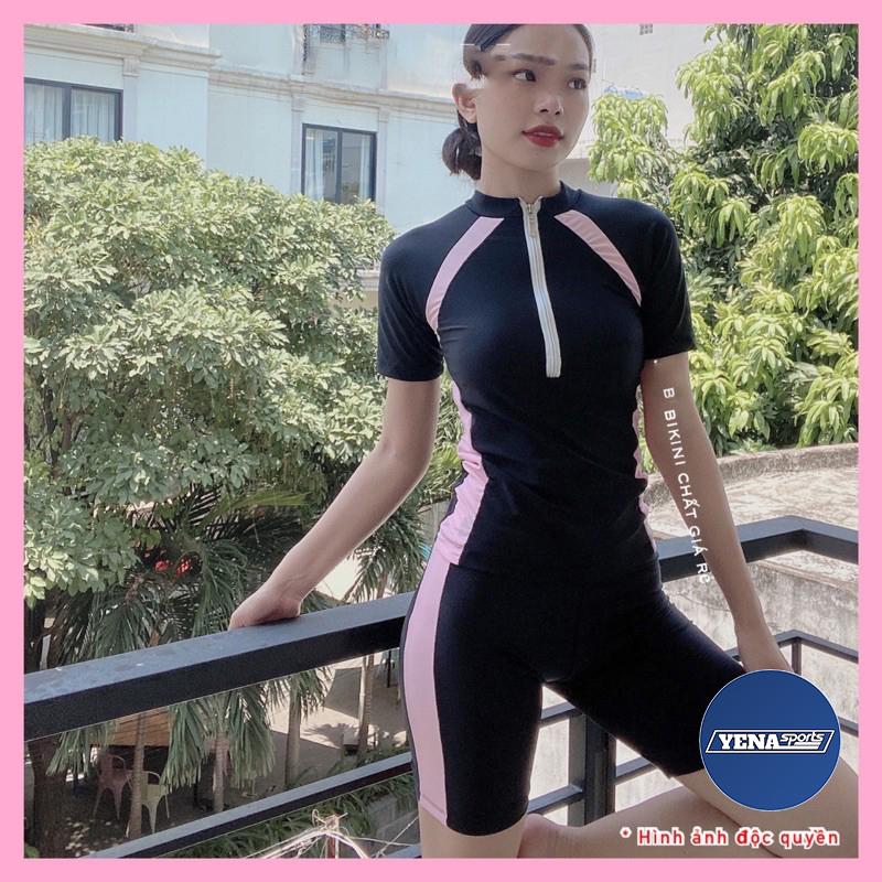 Đồ bơi nữ bikini 2 mảnh áo tắm tay ngắn quần lửng bộ bơi nữ đen phối sọc đi biển QP028