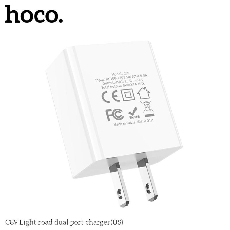 Củ sạc Hoco C89 2 cổng USB, sạc nhanh 2.1A, chân cắm dẹt, thích hợp với nhiều dòng điện thoại hàng chính hãng