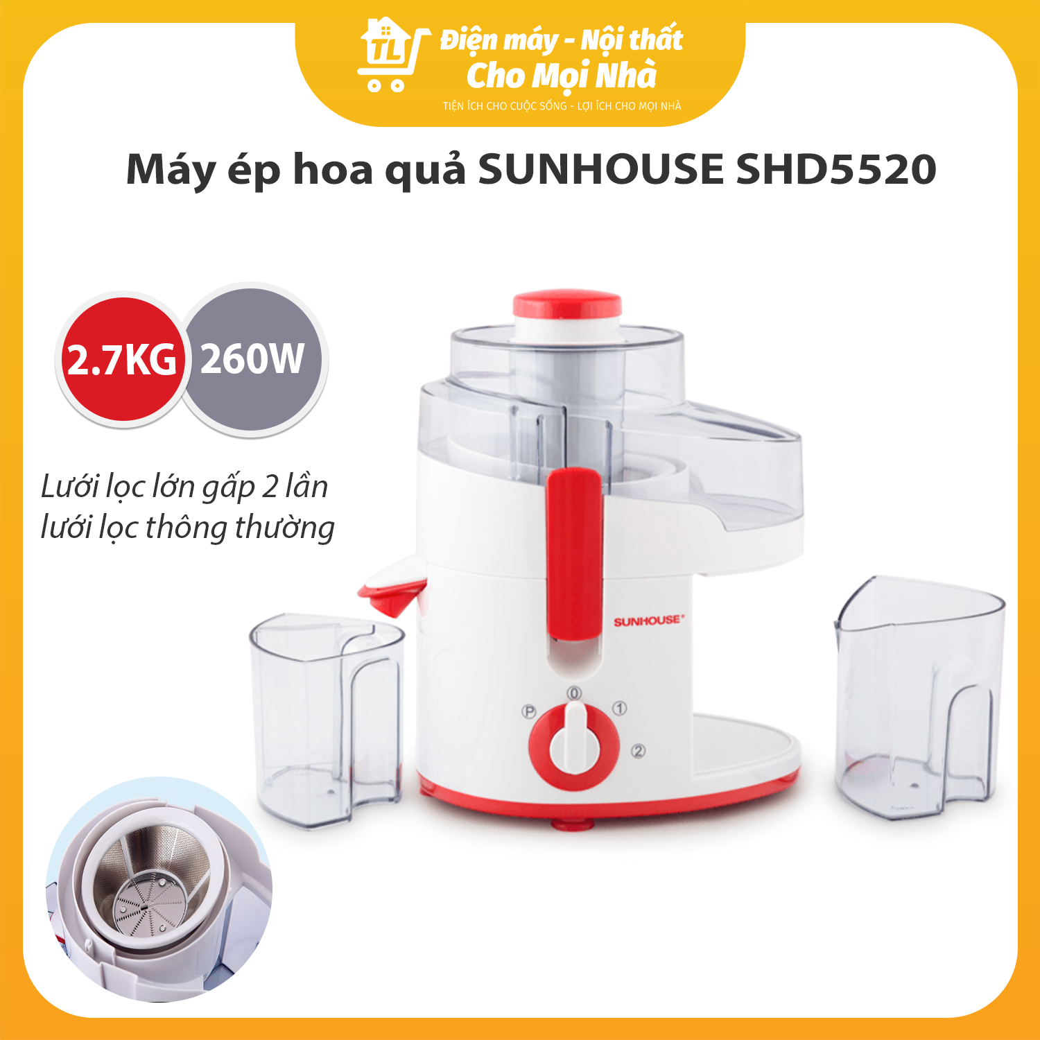 Máy Ép Trái Cây Sunhouse SHD5520 (260W) - Đỏ - Hàng chính hãng