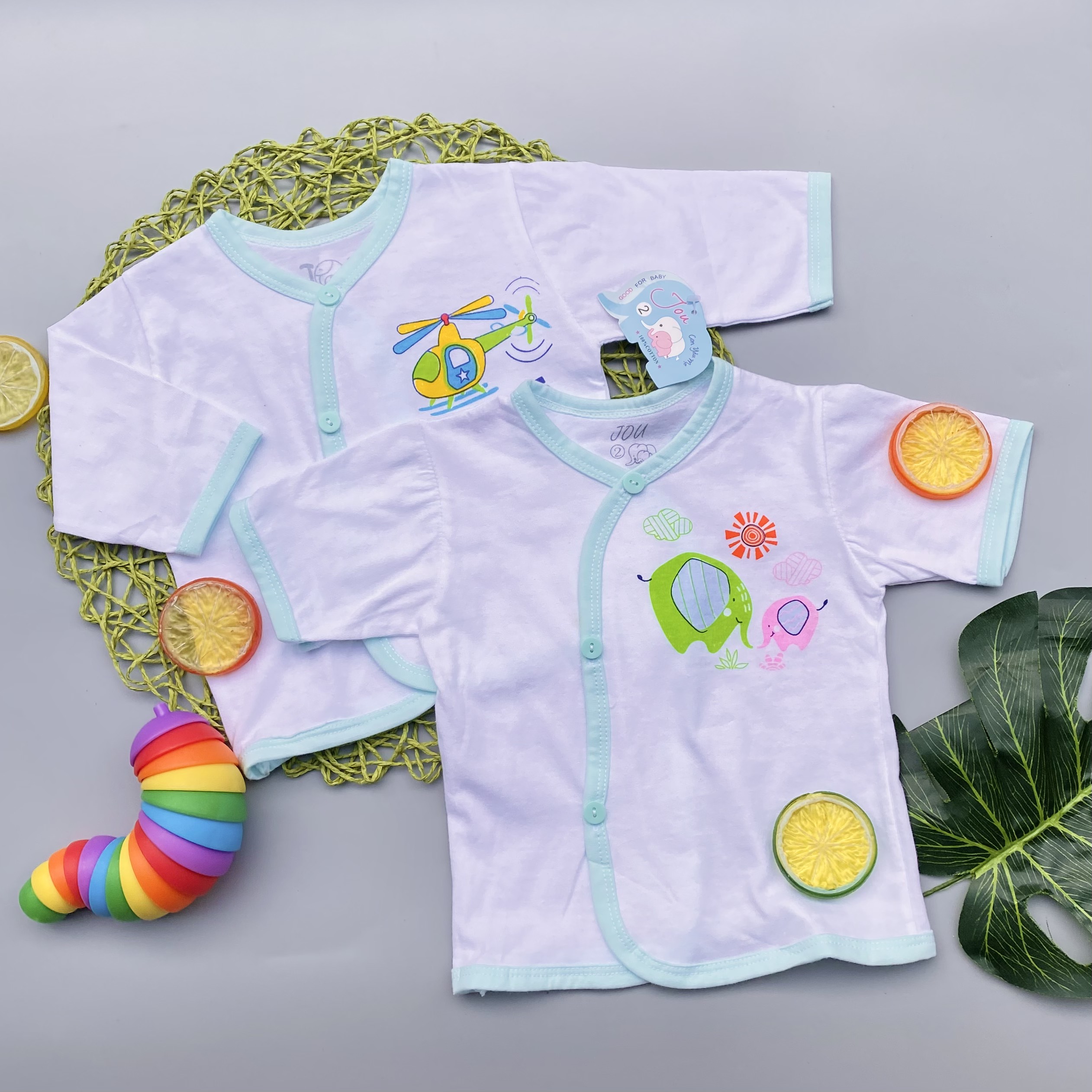 (J03TD) ÁO CÀI XÉO TRẮNG TAY DÀI JOU CHO BÉ (3-11kg) - VIỀN XANH DƯƠNG