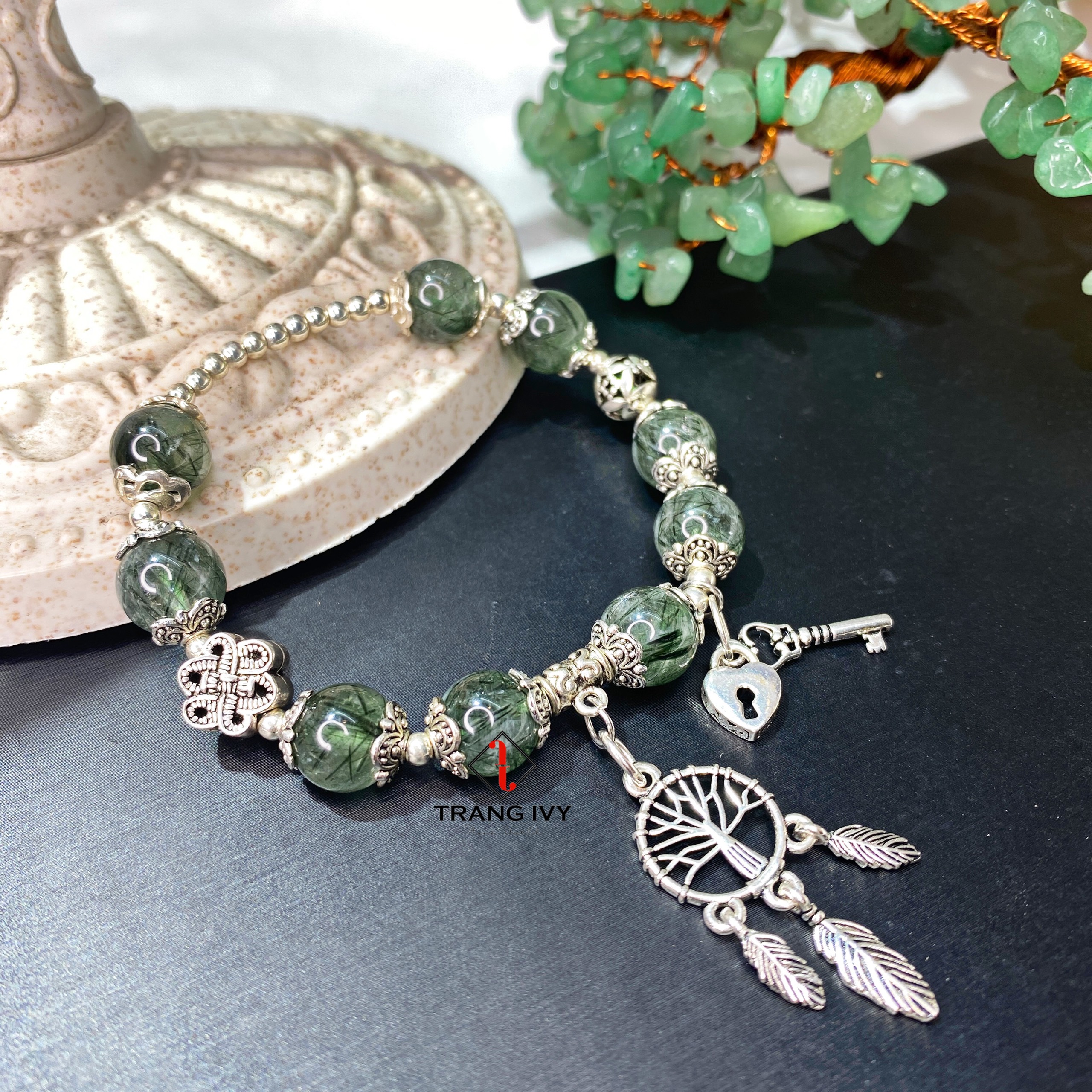 Vòng tay Thạch anh Tóc xanh mix Charm
