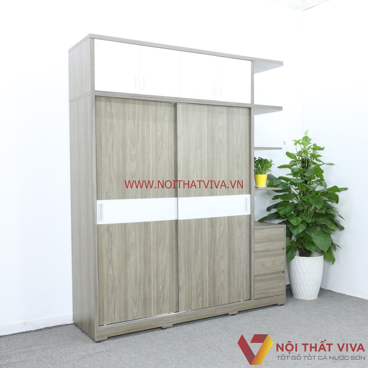 Tủ Quần Áo Kịch Trần Cửa Lùa Gỗ MDF Có Kệ Trang Trí Màu Xám Chỉ Trắng