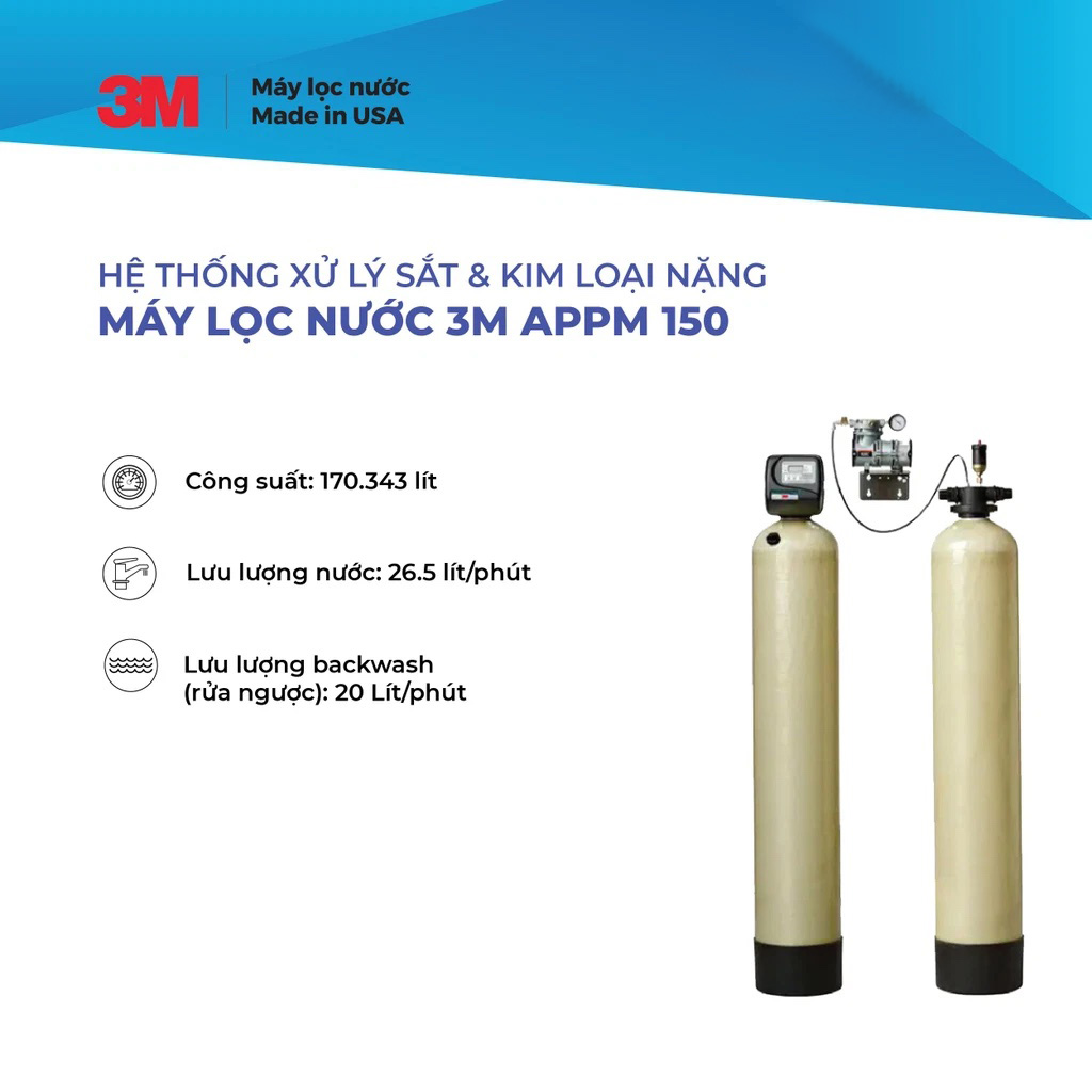 [GIAO LẮP TOÀN QUỐC] Hệ Thống Xử Lý Sắt & Kim Loại Nặng 3M APPM150 Công Suất 170.343 Lít, Lưu Lượng 26.5 Lít/Phút, Phù Hợp Mọi Nguồn Nước Đầu Vào, Nước Giếng Khoan, 3MAPPM150 Vận Hành Tự Động Và Tiết Kiệm Nước - Nhập Khẩu Mỹ, Hàng Chính Hãng 3M