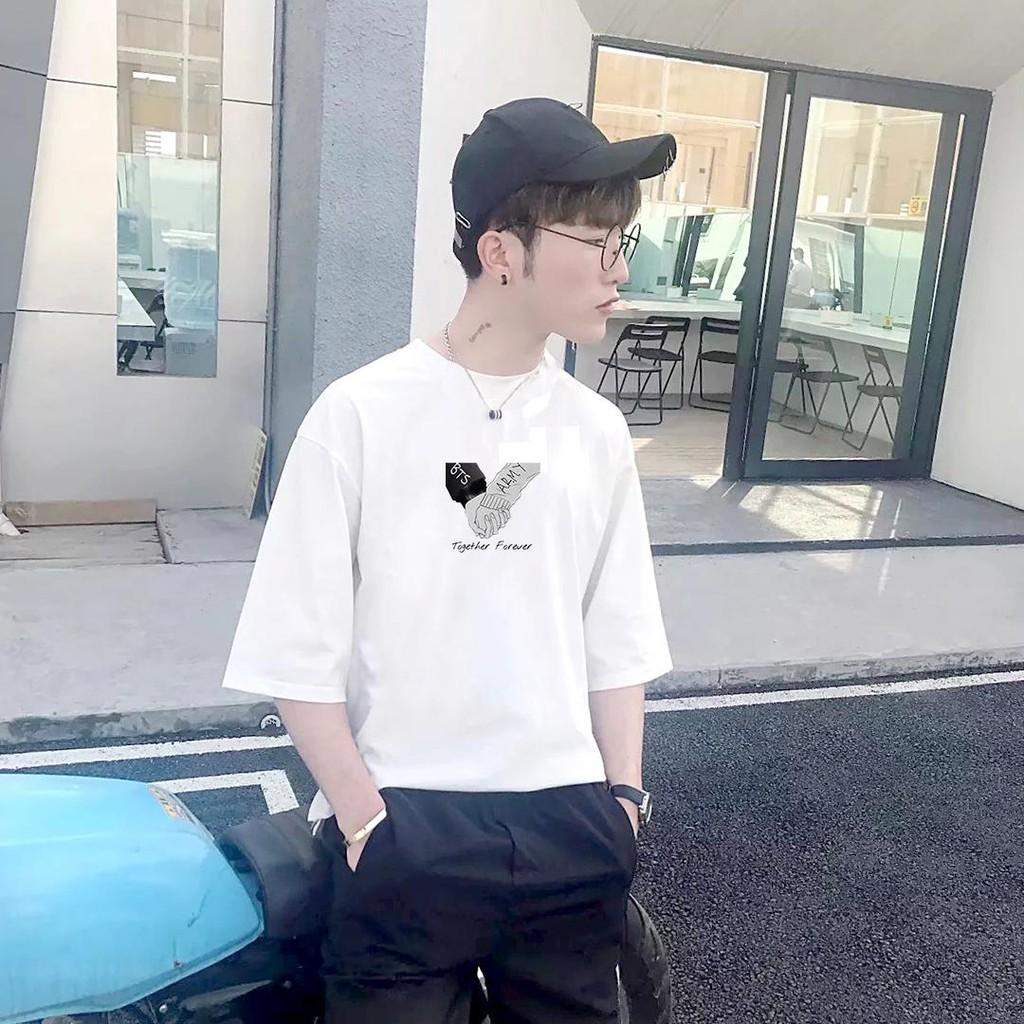 Áo thun tay lỡ nam form rộng in hình BTS và fan nắm tay vải dày mịn TEEWO133