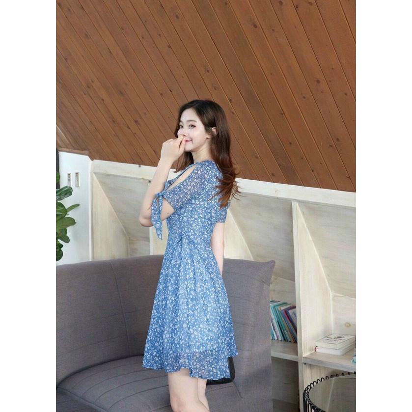 Đầm hoa nhí cổ V, Váy xanh dương ngắn Cao Cấp tay lỡ dáng xòe tôn dáng , mặc dự tiệc - MiNhi Fashion