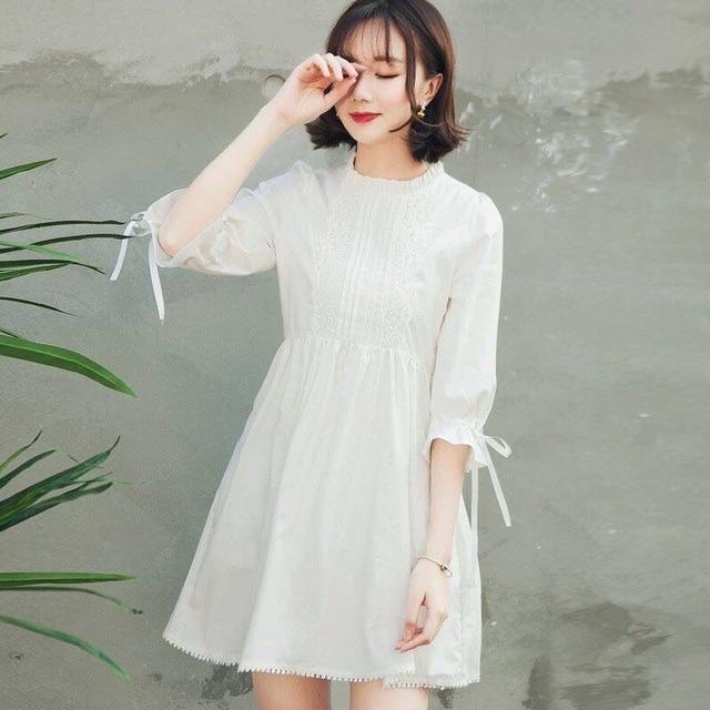Đầm váy babydoll trắng tay nơ