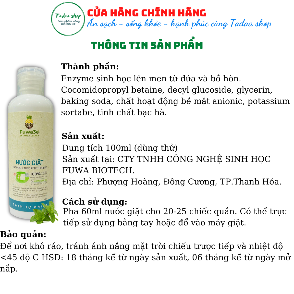 Nước giặt hương bạc hà Organic sinh học Fuwa3e chuyên giặt đồ lụa, bảo vệ da tay chai 100ml