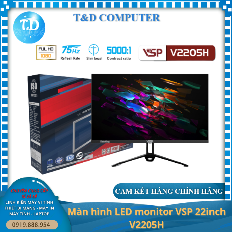 Màn hình máy tính 22inch VSP V2205H [ĐEN] (21.45&quot; VA FHD 75Hz, HDMI+VGA+Audio 3.5) - Hàng chính hãng TECH VISION phân phối