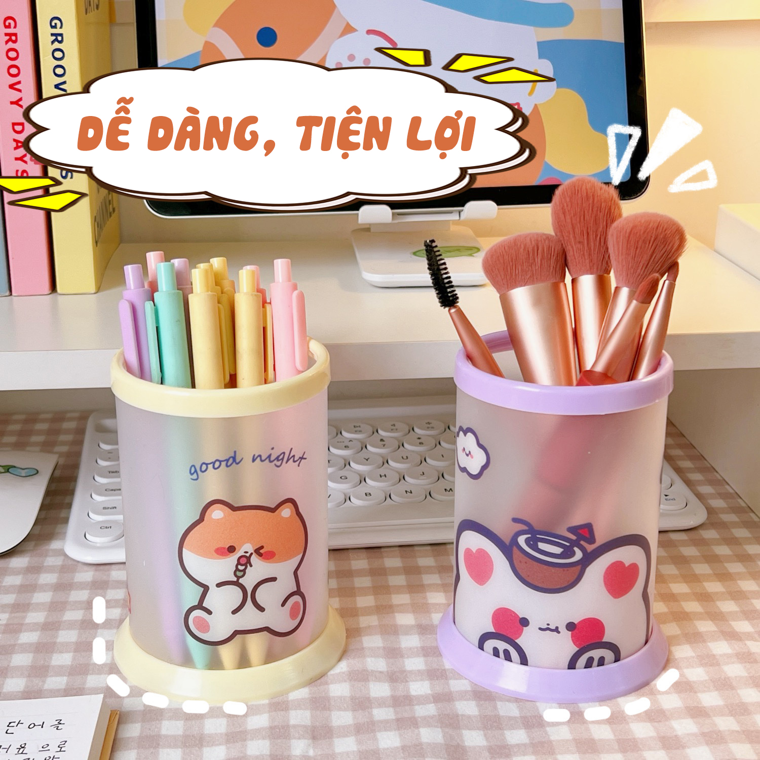 Ống Cắm Bút Tròn Hình Chibi Dễ Thương Đựng Bút, Mỹ Phẩm Cọ Trang Điểm Đồ Dùng Học Tập Tự Lắp Ghép Dễ Thương