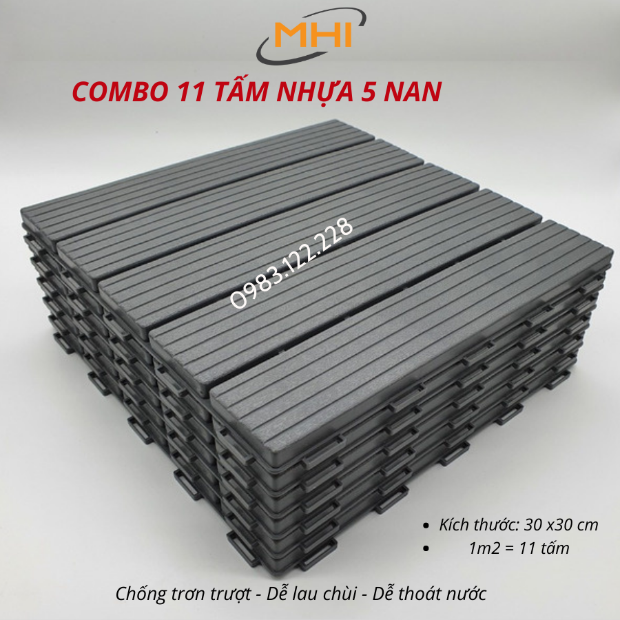 [COMBO 11] Vỉ nhựa lót sàn MHI cao 2 cm, chuyên dụng cho ban công, bể bơi sân vườn PP - kích thước 30 cm x 30 cm x 2 cm