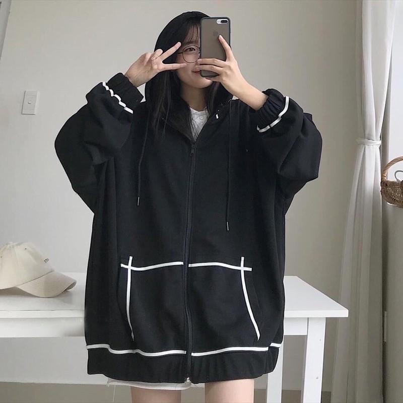 Áo Khoác Nỉ Hoodie Nữ Tay Bồng Viền - - Jacket form rộng có mũ, năng động ba màu ĐEN | XANH TÍM THAN | HỒNG