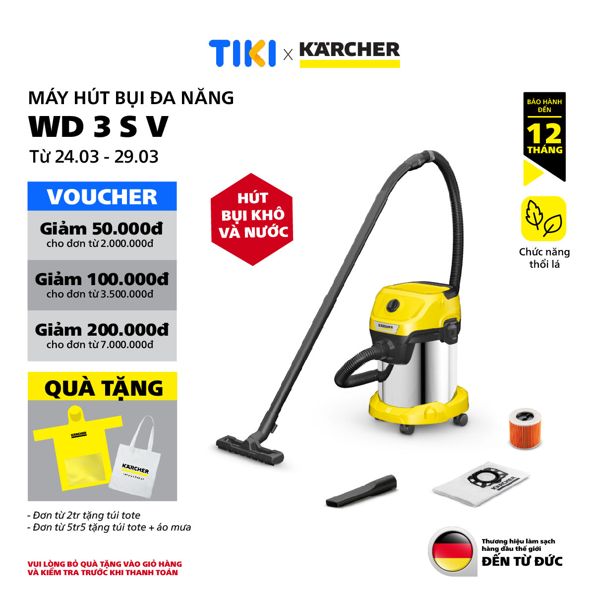 Máy hút bụi đa năng khô và ướt WD 3 S Premium dành cho Karcher - Công suất 1000W - Hàng Chính Hãng