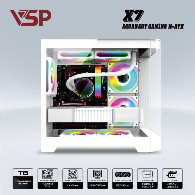 Vỏ máy tính Case VSP AQUANAUT PRO M-ATX Gaming X7 [TRẮNG] (M-ATX/ ITX) - Hàng chính hãng VSP phân phối