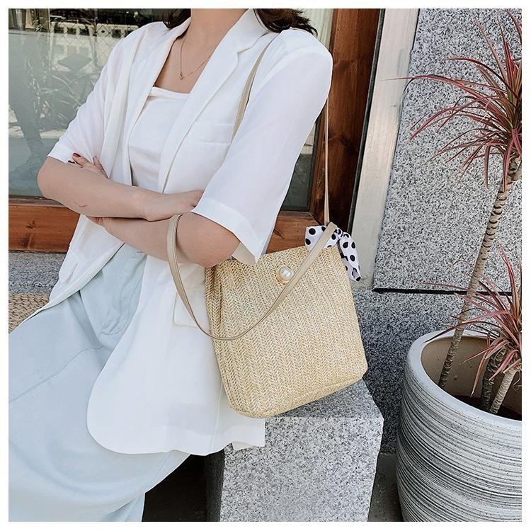 Túi cói làn cói mắt cáo trơn đi biển có nơ, kiểu dáng Vintage, đan thủ công bởi thợ Việt Nam T328