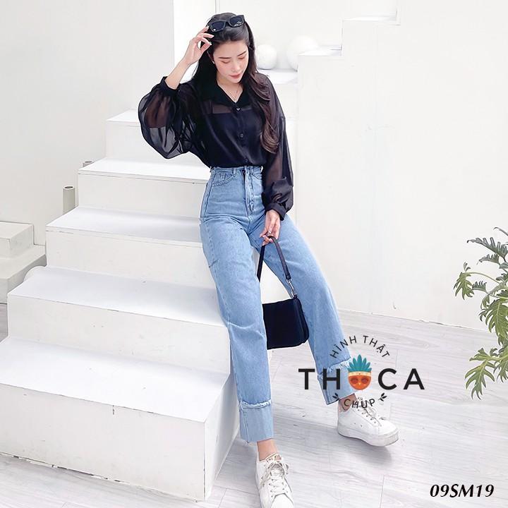 Áo sơ mi voan tay phồng tặng kèm áo 2 dây croptop THOCA HOUSE 2 màu đen, trắng chuẩn style Hàn freesize dưới 56kg