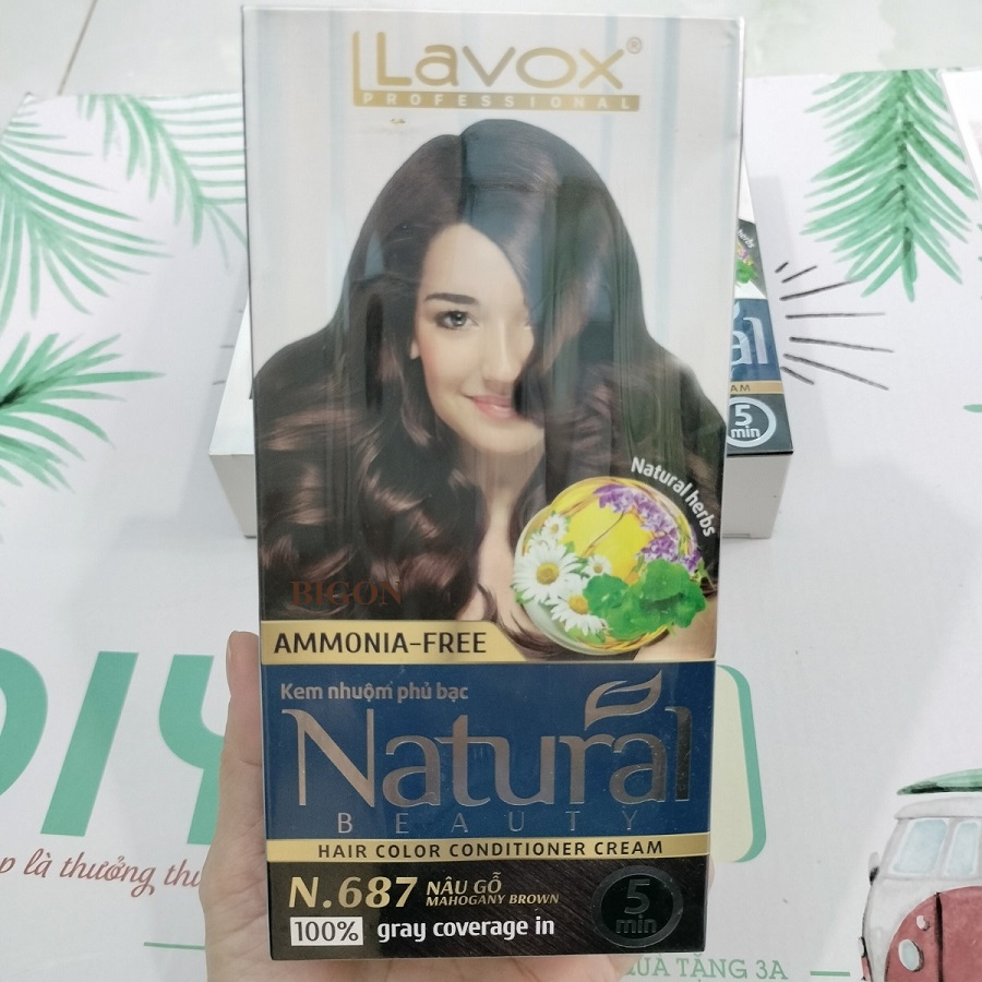 Kem Nhuộm Phủ Bạc Cao Cấp Siêu Dưỡng, Tự Nhiên Lavox - N.687 - Mahogany Brown