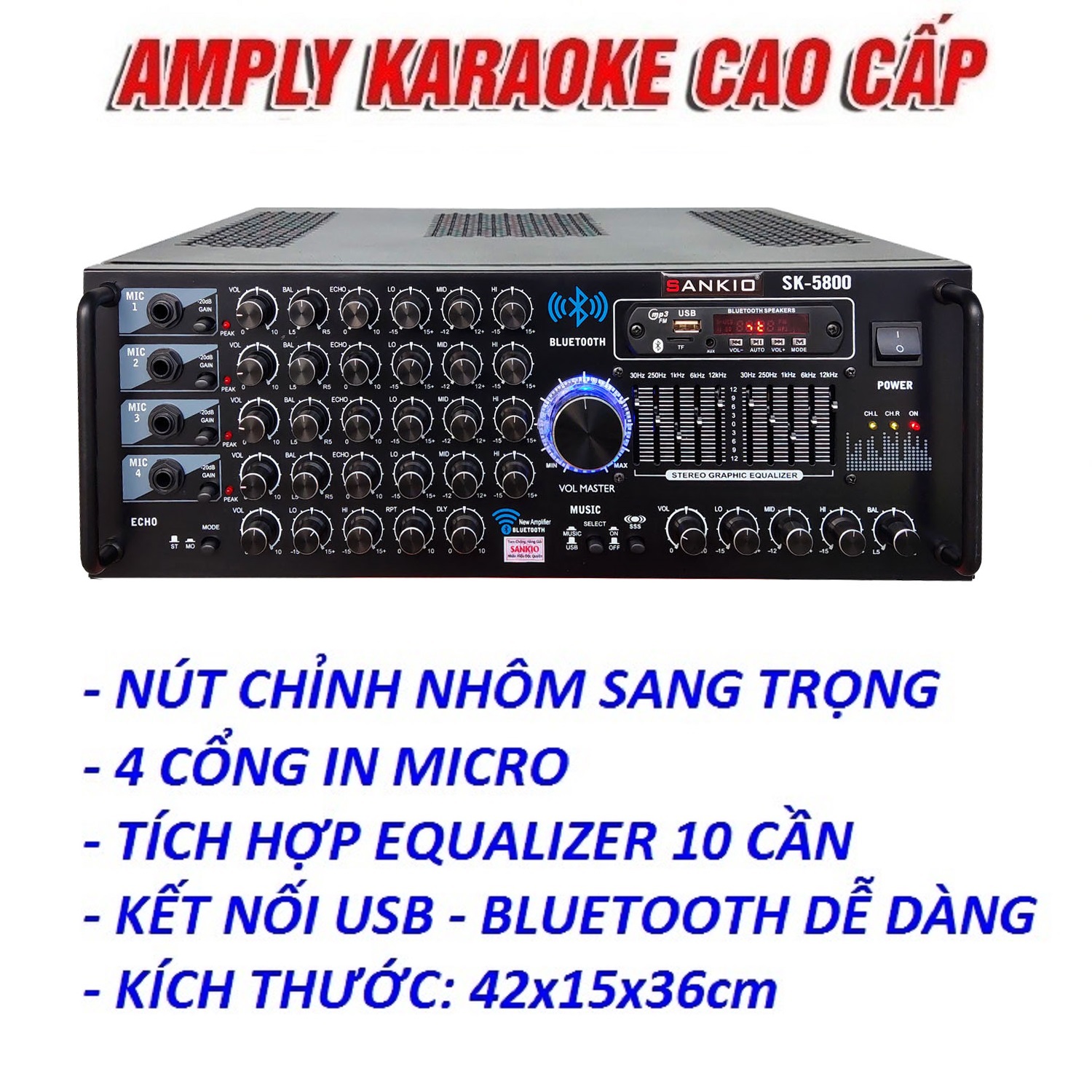 Ampli Bluetooth Sankio SK-5800 - Amply karaoke tích hợp lọc xì EQ, 12 sò lớn, 4 cổng Micro, có quạt gió - Hàng chính hãng cao cấp