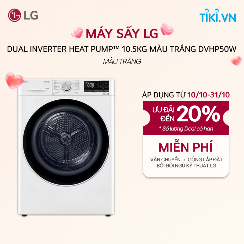[Chỉ giao Miền Bắc] Máy sấy LG DUAL Inverter Heat Pump 10.5kg màu trắng DVHP50W - Hàng Chính Hãng