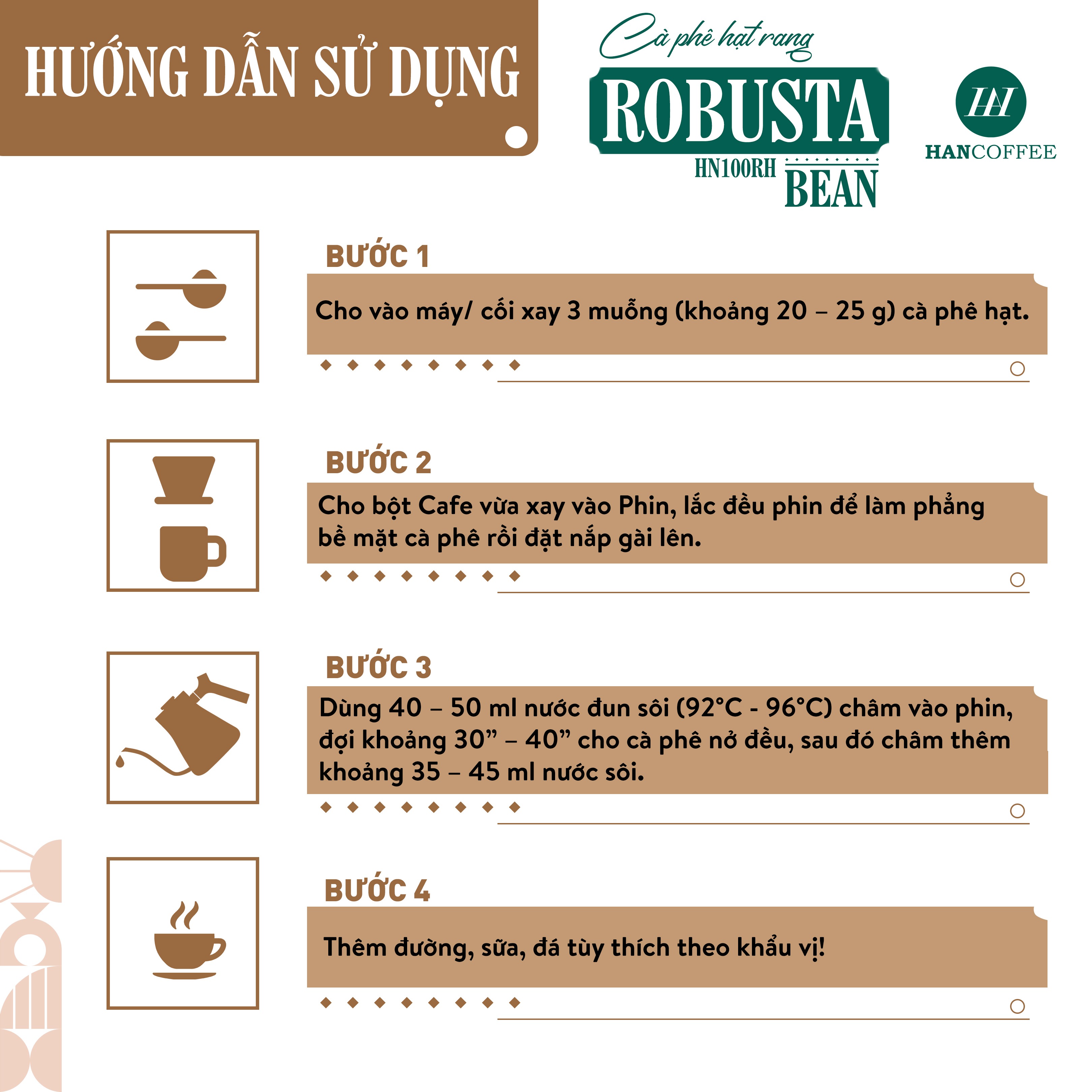 Cà Phê Robusta - Cafe Rang Mộc 100% HANCOFFEE Đắng Vừa, Hậu Ngọt, Dễ Uống Nguyên Hạt - HN100RH