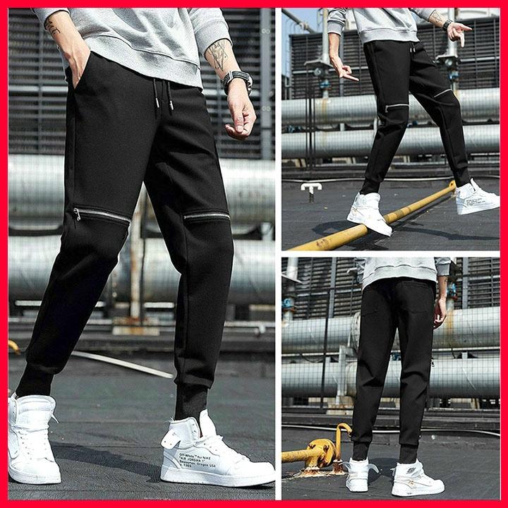 Quần Jogger khóa gối kiểu, Dài Bo Gấu dưới ống - Chất Vải Kaki Kiểu Thể Thao UNISEX một Màu Đen. 02x