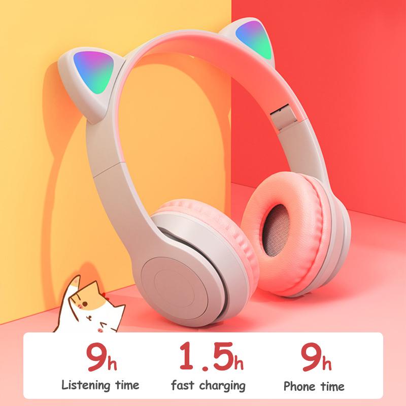 Wireless Headphones Cat Ear With Mic Bluetooth Cool Glow Light Stereo Bass Helmets Kids Gamer Girl Gifts