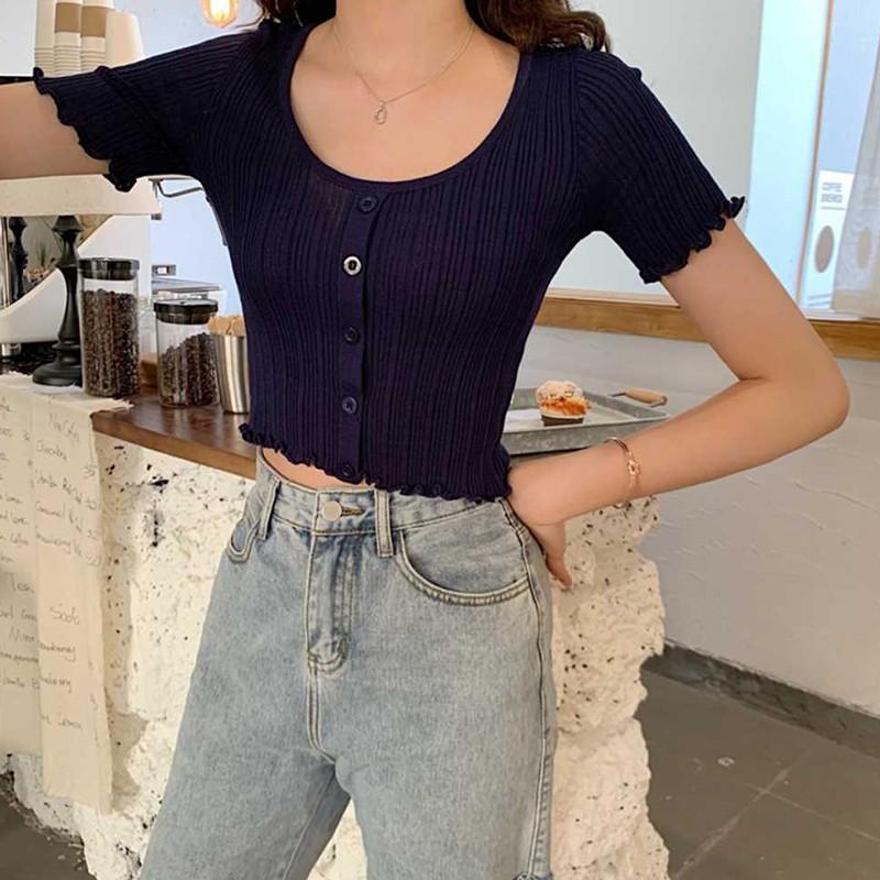 Áo thun len dệt tay ngắn cổ chữ O thời trang cho nữ