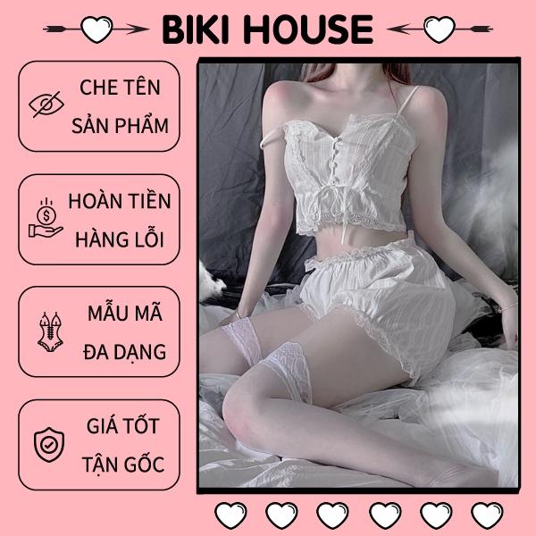 Đồ bộ ngủ sexy nữ 2 dây sexy đáng yêu set ngủ vải đũi mỏng trắng thoáng mát gợi cảm BIKI HOUSE N120 - Giao Hỏa Tốc