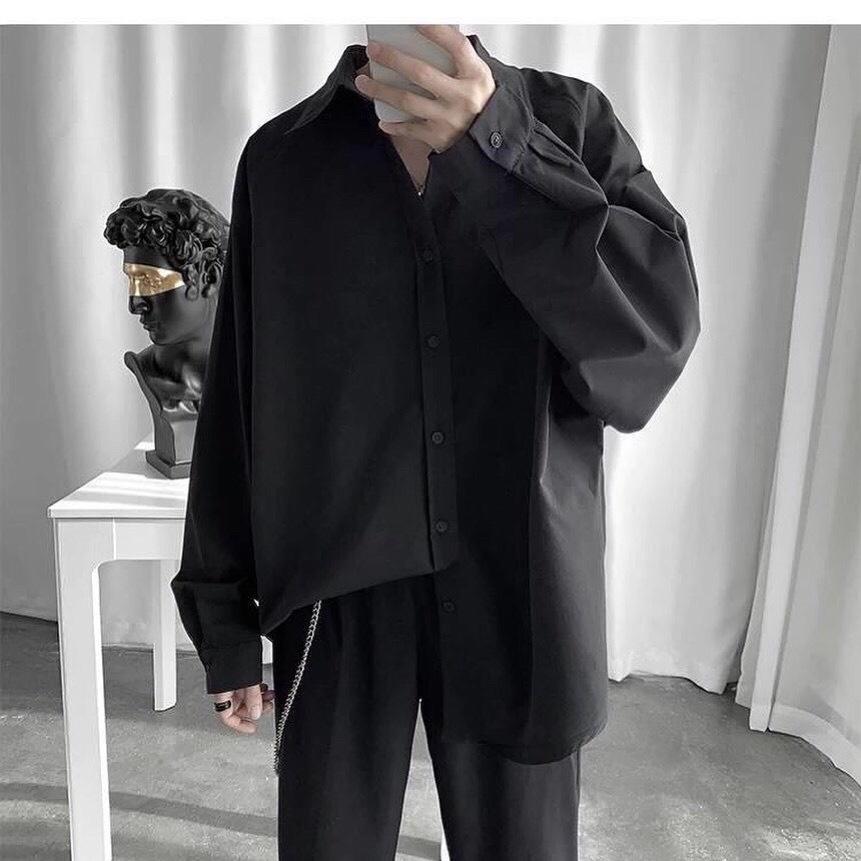 Áo Sơ mi TRƠN tay dài màu ĐEN/TRẮNG ️Nam Nữ Unisex chất lụa mềm mịn form rộng ️
