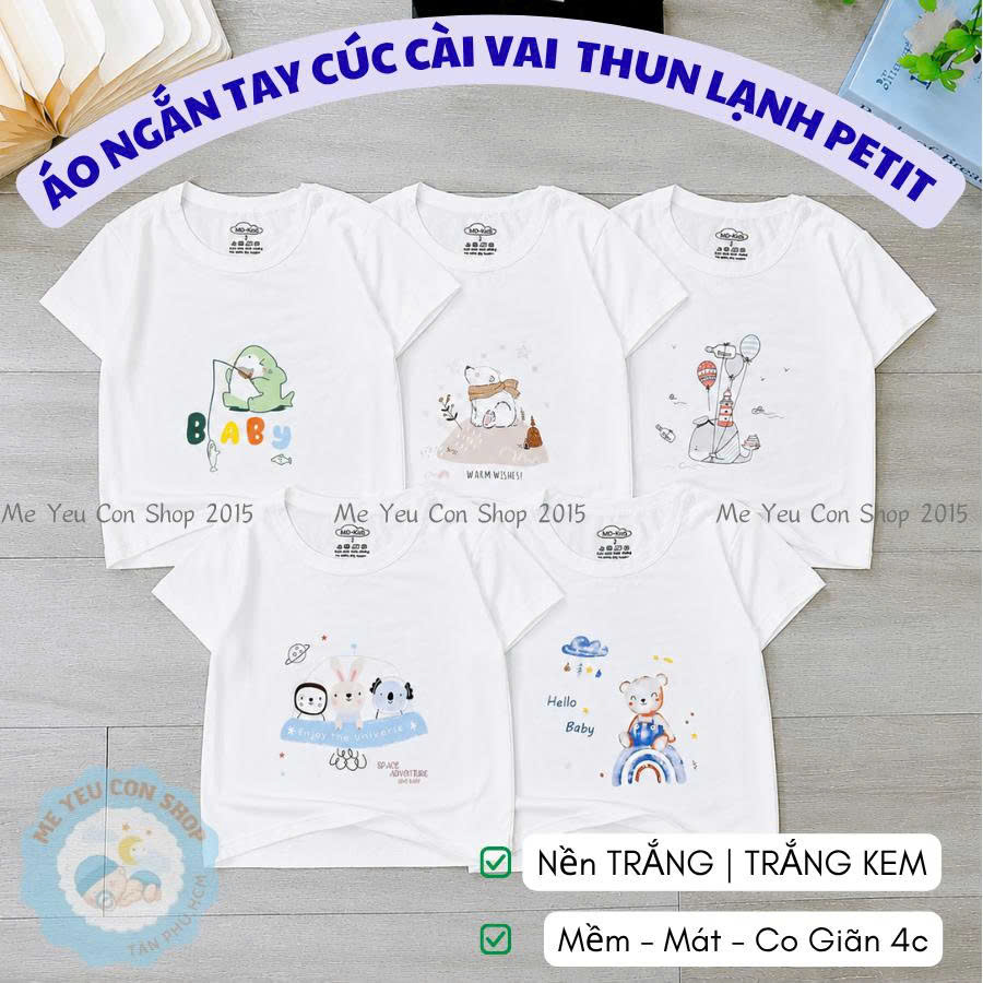 [6-14kg] Áo NGẮN TAY Có Nút Cài Vai Trắng Kem THUN LẠNH PETIT Mềm, Mát In Hình Dễ Thương