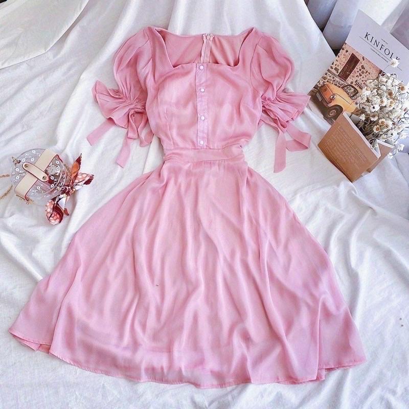 ĐẦM TAY NGẮN BUỘC NƠ TRẮNG, HỒNG XINH XẮN