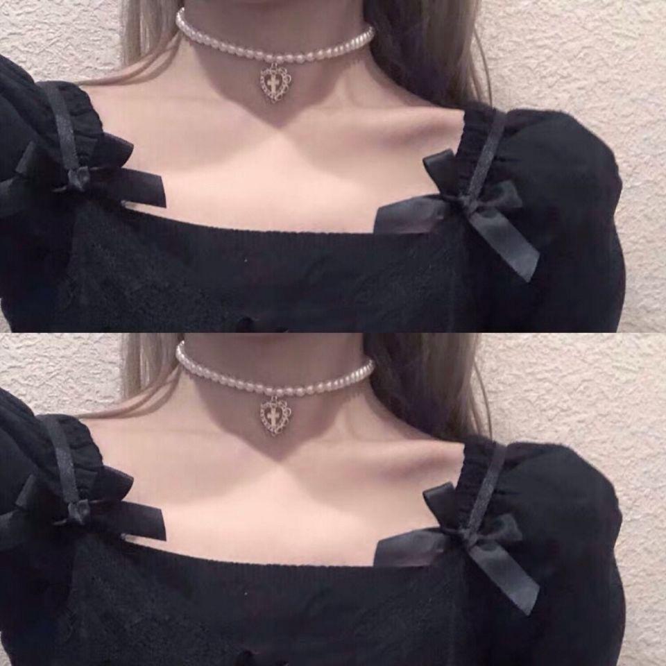 Vòng cổ Choker ngọc trai sang trọng - Mặt dây hình trái tim cho nữ