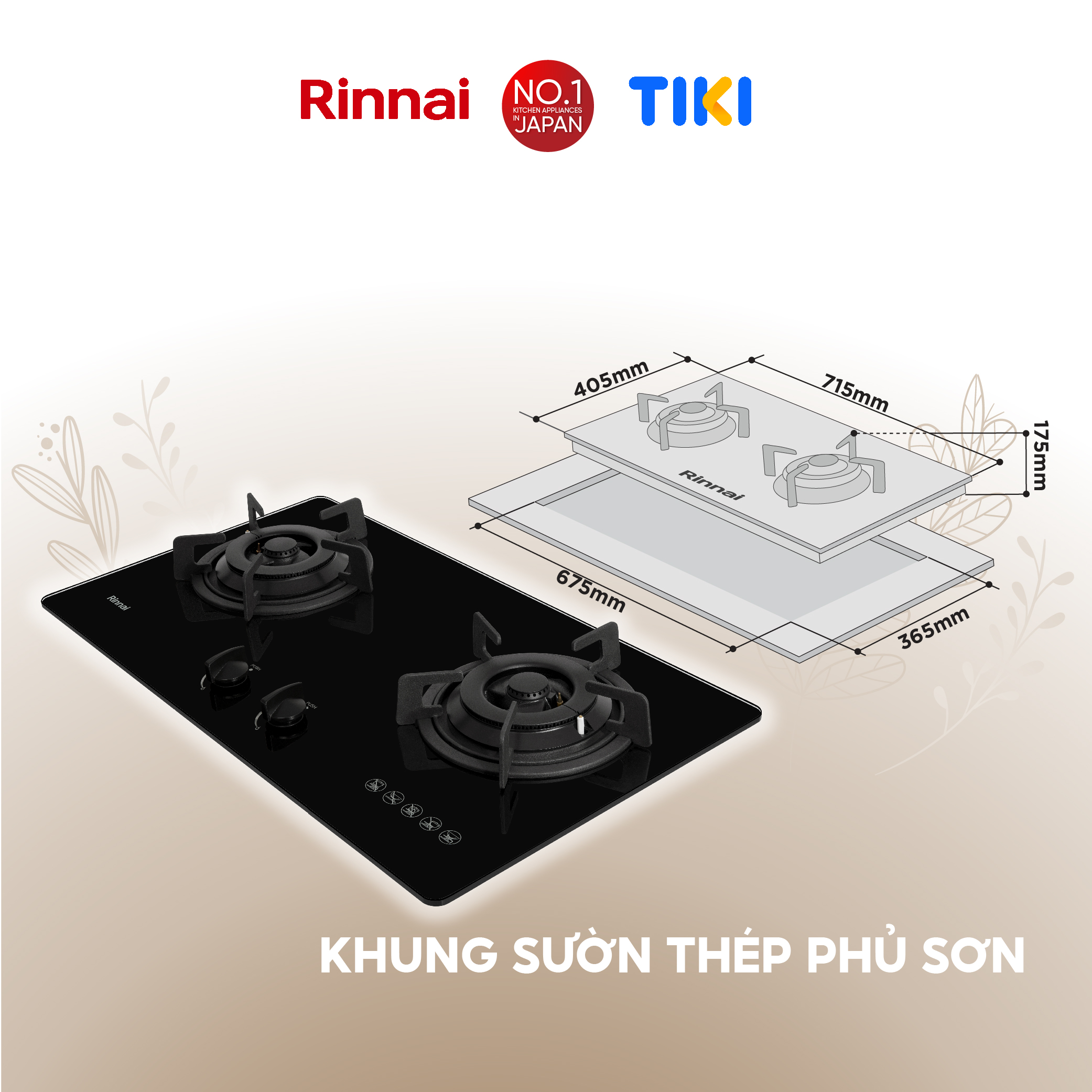 Bếp gas âm Rinnai RVB-220G(B) mặt bếp kính và kiềng bếp gang - Hàng chính hãng.