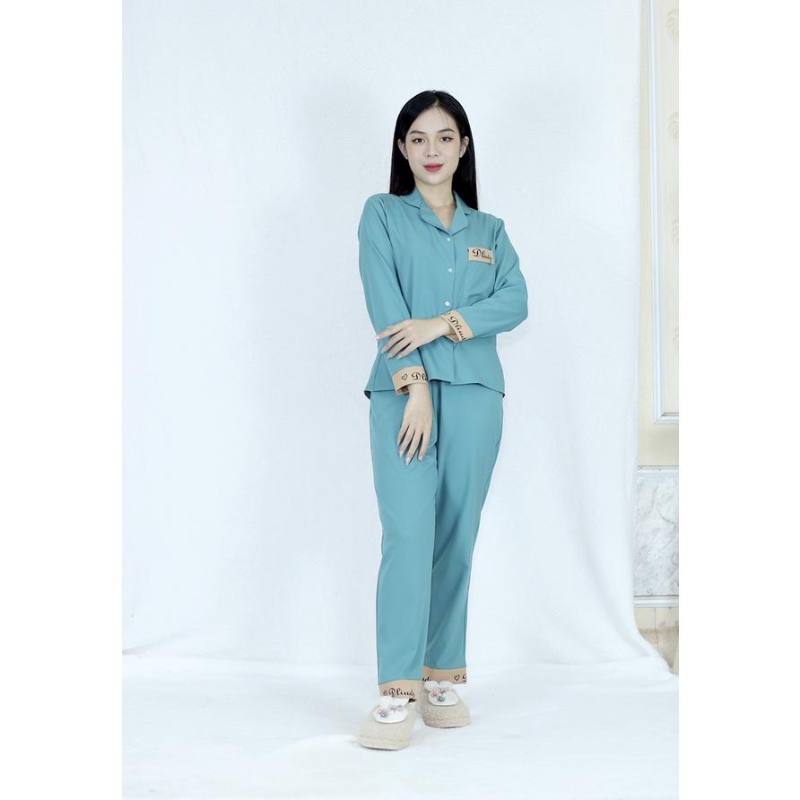 Bộ đồ bộ Pijama MÀU XANH ĐÁ QUẦN DÀI TAY DÀI PHA CHỮ siêu lụa